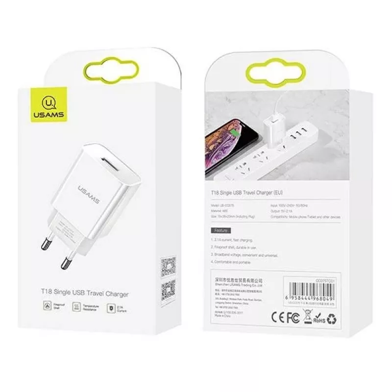 Oplader usams T18 single USB 2.1A alleen kop