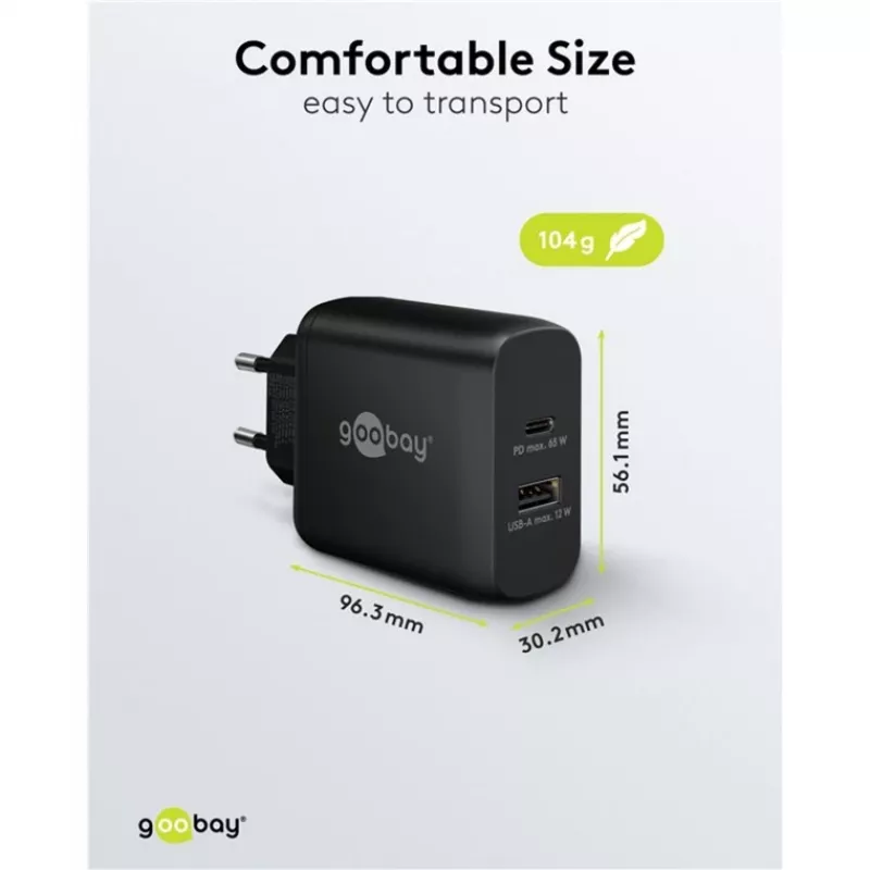 USB-C dual-fast charger, PD, GaN, 65 watt (zwart, 1x USB-C, 1x USB-A, Power Delivery)