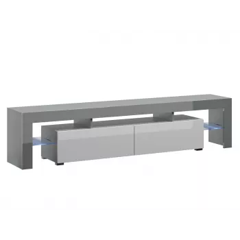 TV-standaard Cama Meble TORO 200 — 2000×350×410 mm, grijze bovenzijde van spaanplaat, grijs/wit glanzend