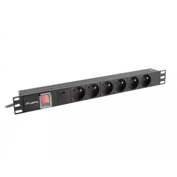 Stroomverdeeleenheid LANBERG PDU-06E-0200-BK — 6x Type-E-uitgangen, 16 A, 2 m kabel, 1HE rack, 220–250 V