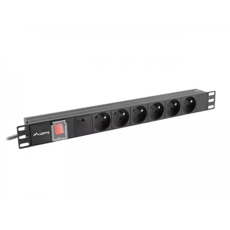 Stroomverdeeleenheid LANBERG PDU-06E-0200-BK — 6x Type-E-uitgangen, 16 A, 2 m kabel, 1HE rack, 220–250 V