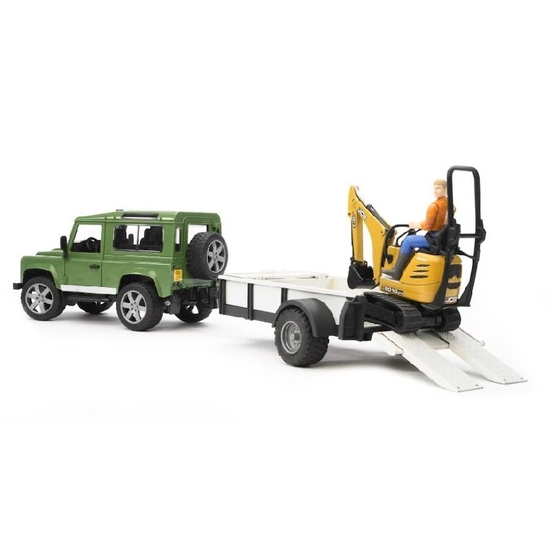 BRUDER Land Rover Defender met aanhanger CAT en man speelgoedvoertuig