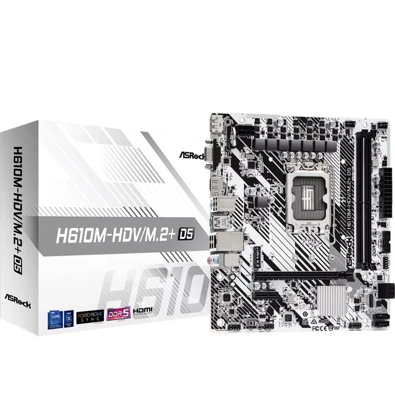 ASRock H610M-HDV/M.2+ D5 moederbord, Intel H610, LGA 1700, Micro-ATX, 2x DDR5 DIMM (max. 96 GB), PCIe 4.0 x16, 1x M.2, 4x SATA III, HDMI, DisplayPort, VGA, USB-C 3.2 Gen 1, Gigabit LAN