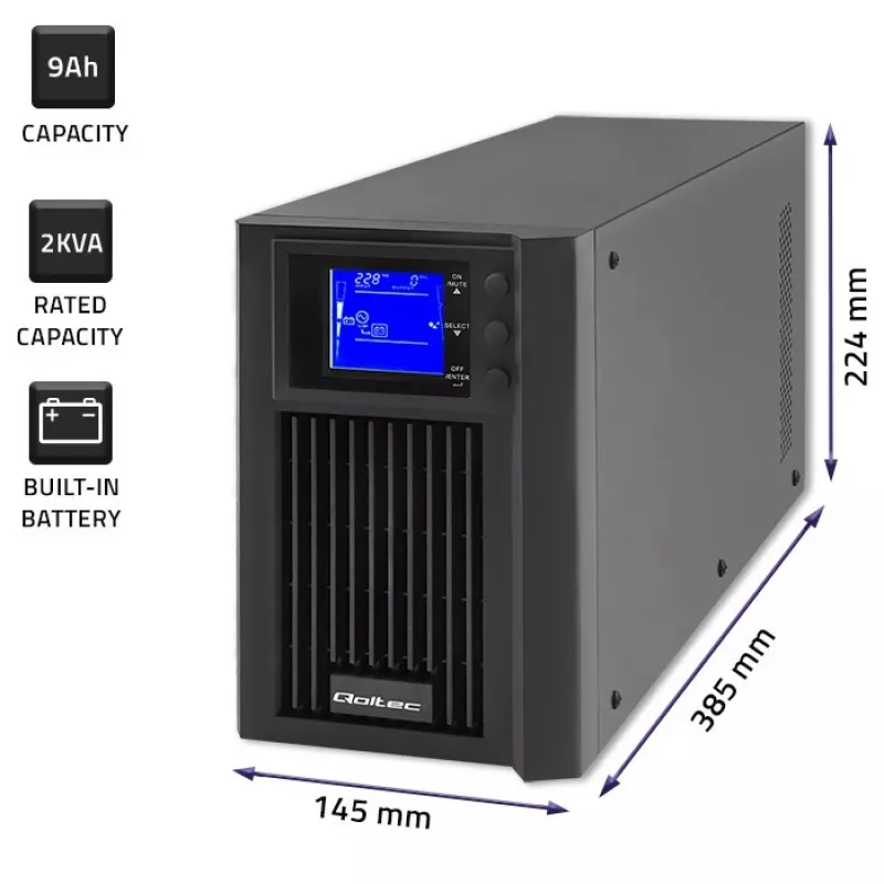Uninterruptible power supply QOLTEC 53981 on line 2kVA, 2000 VA capaciteit