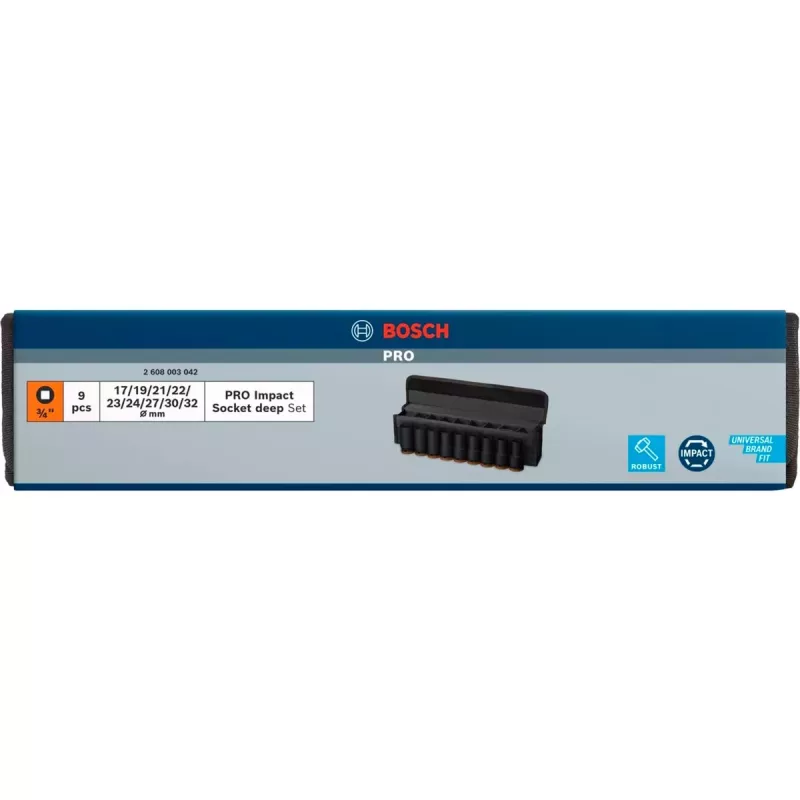 Dopsleutelset Bosch PRO 3/4 inch, 9-delig, diepe dopsleutels, zwart