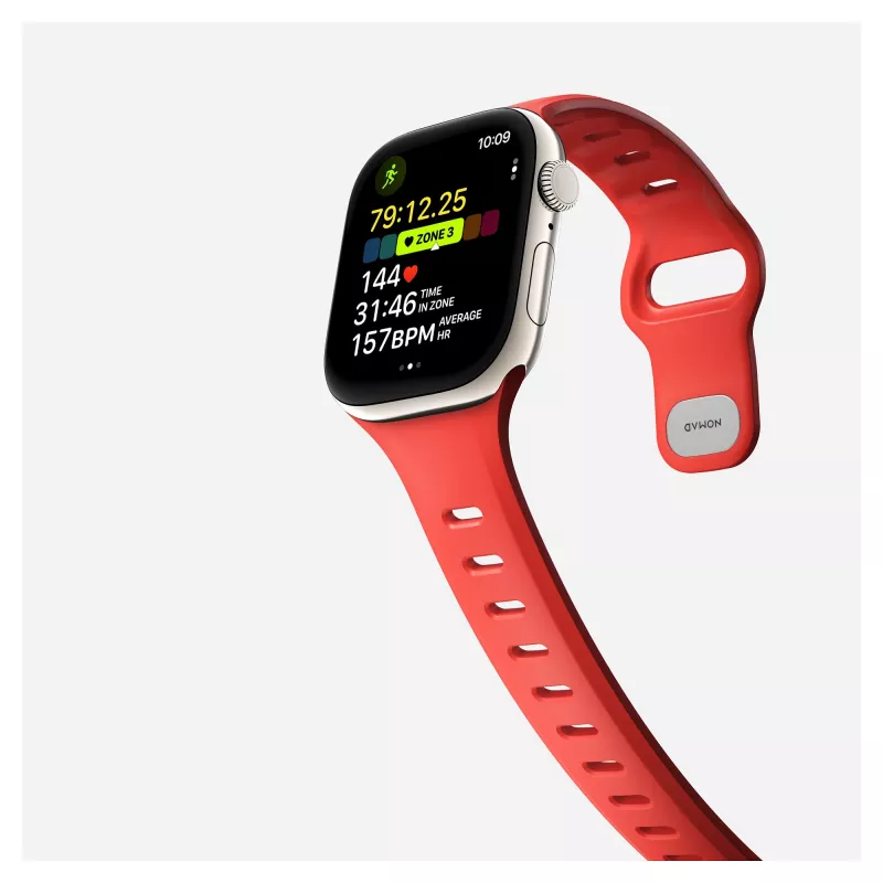 Band Nomad Tempo — rood rubber, 18 mm breed, past op polsen 135–175 mm