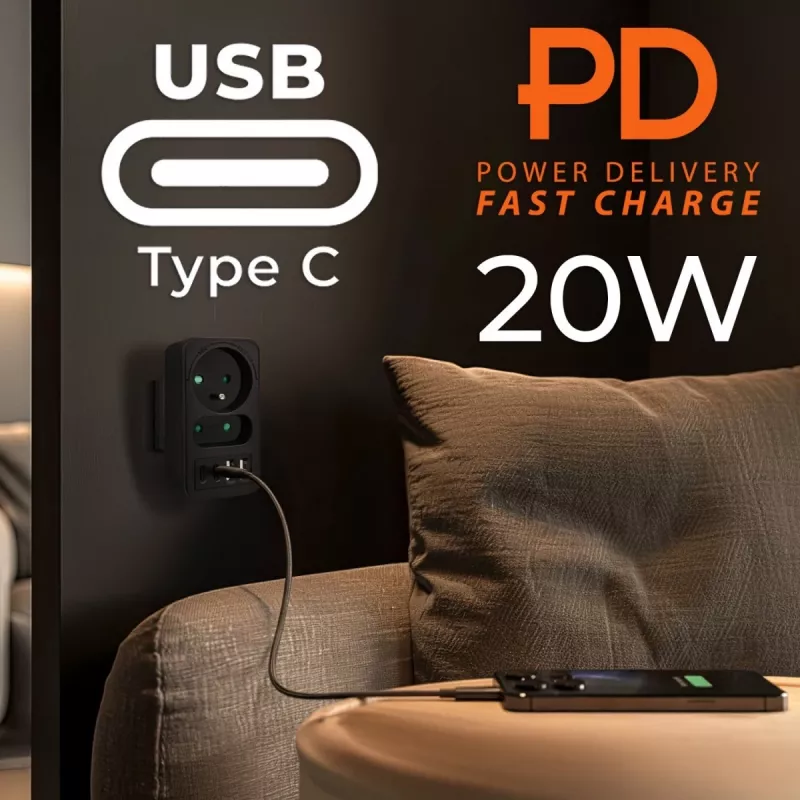 Power splitter MACLEAN MCE249 F/B – 2 AC-stopcontacten (16A + 6A) met 2×USB-A en 2×USB-C PD 20W, EU-stekker, zwart