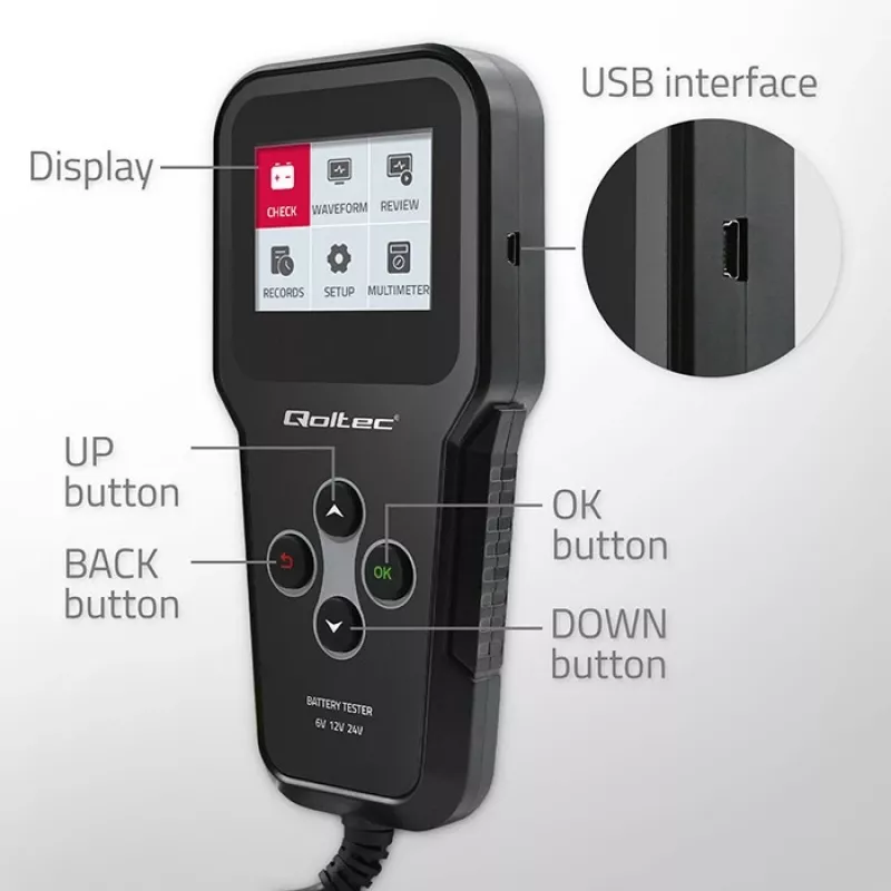 Qoltec 52489 digitale batterij-analyzer tester 3-in-1 met LCD en meertalig 6V | 12V | 24V | 30Ah-200Ah
