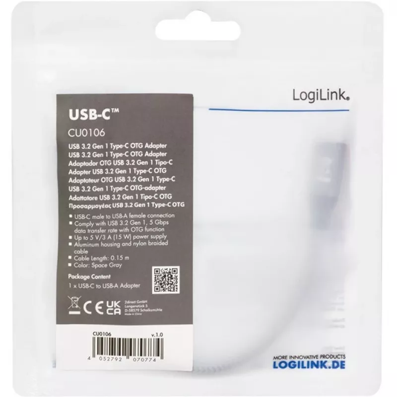 LogiLink USB 3.2 Gen1 Type-C-adapter C/M naar USB-A/F OTG aluminium 0,15 m