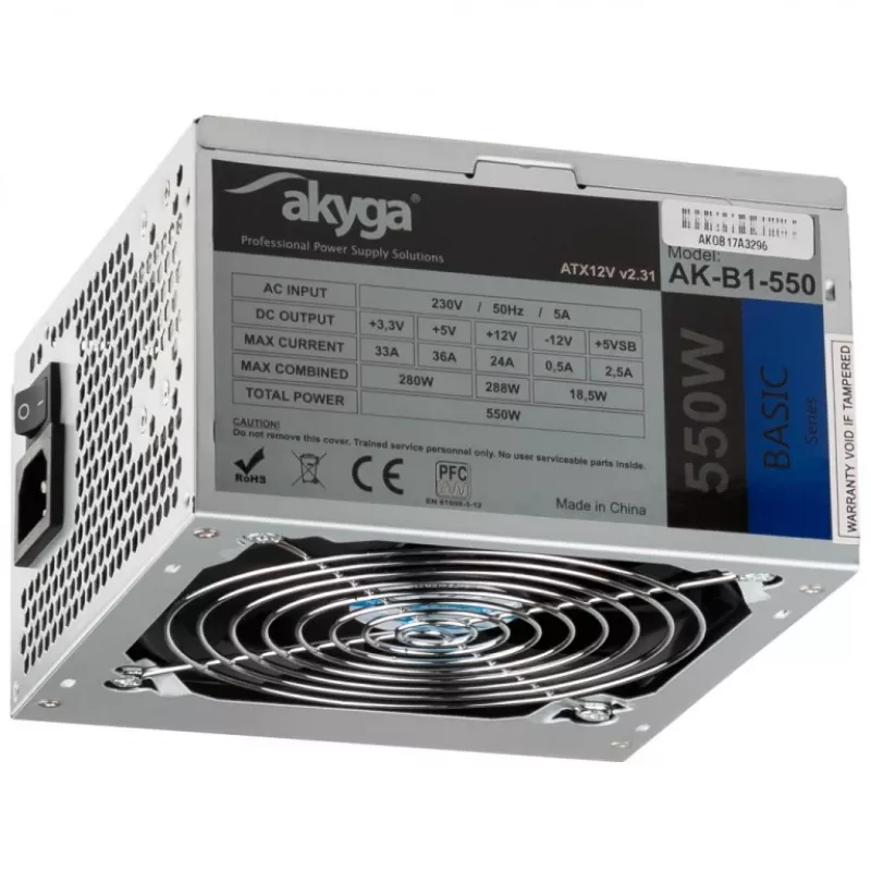 Akyga Basic AK-B1-550 ATX-voeding 550 W, 120-mm-ventilator, passieve PFC, grijs