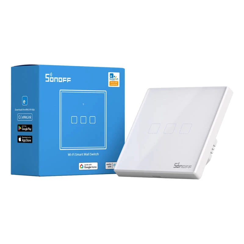 Wandgemonteerde slimme lichtschakelaar Sonoff T2 EU TX 3-kanaals Wi‑Fi + RF 433 bediening