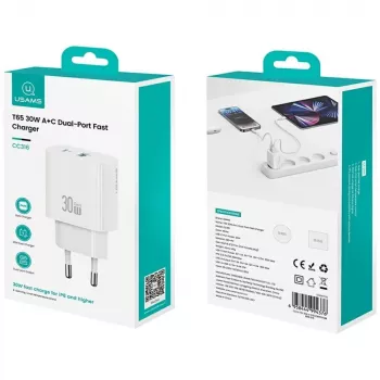 Oplader usams USA001632 30W 1×USB-C 1×USB-A snelladen