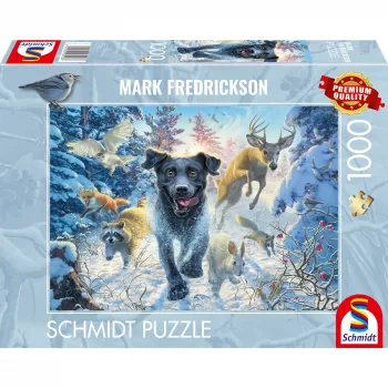 Mark Fredrickson: hondenliefde – zwarte labrador in de sneeuw, puzzel 1000 stukjes