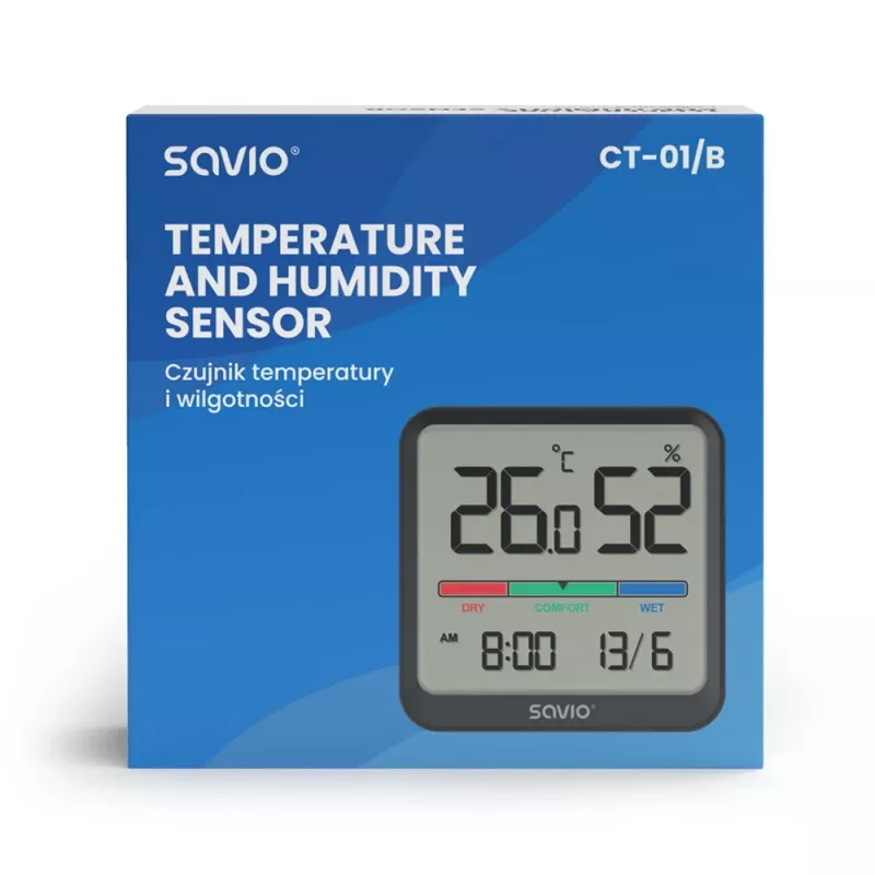 Savio CT-01/B draadloze temperatuur- en vochtigheidssensor voor binnen, LCD, klok, datum, magnetische houder, zwart