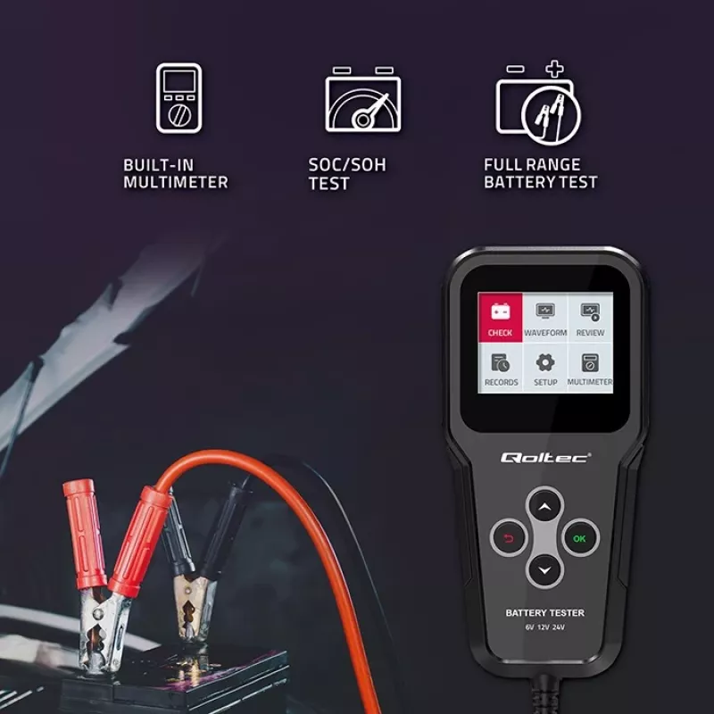 Qoltec 52489 digitale batterij-analyzer tester 3-in-1 met LCD en meertalig 6V | 12V | 24V | 30Ah-200Ah