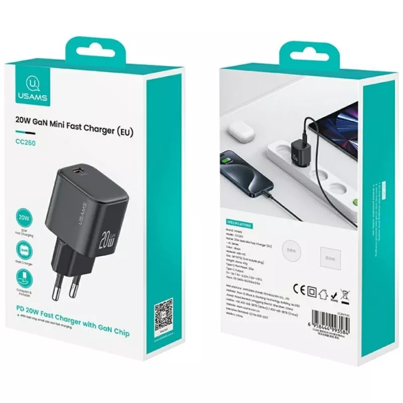 Oplader usams USA001627 20W 1×USB-C met USB-C-kabel — snellaadadapter voor telefoons en tablets
