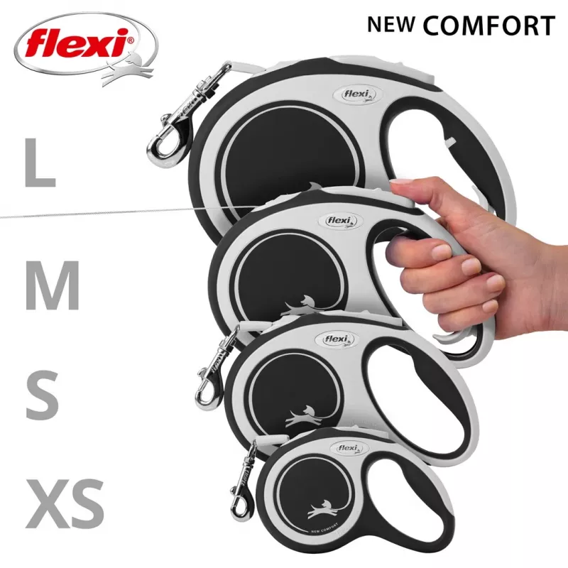 Flexi nieuw COMFORT 8 m zwart, grijze honden-rollijn
