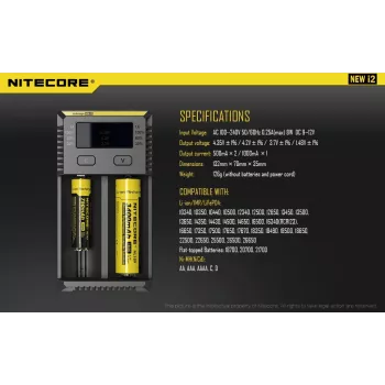 Acculader Nitecore NEW i2 — 2-vaks lader voor LiFePO4, Li-Ion, NiMH; ingang 100–240V; uitgang 9–12V; ondersteunt AAAA/C/D/AAA/AA; zwart