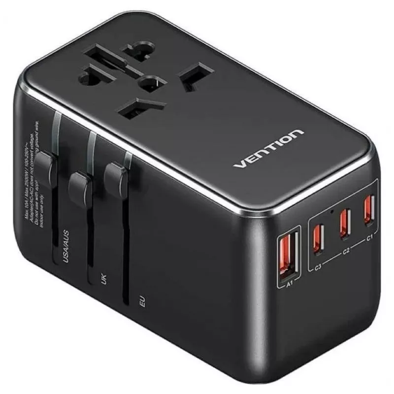 Oplader Vention FJGB0 100W GaN met 3× USB-C en 1× USB-A, zwart