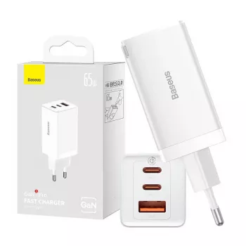 Wandlader Baseus GaN5 Pro 65W — USB + 2×USB-C (QC3.0, PD3.0) met 1m USB-C-kabel, wit