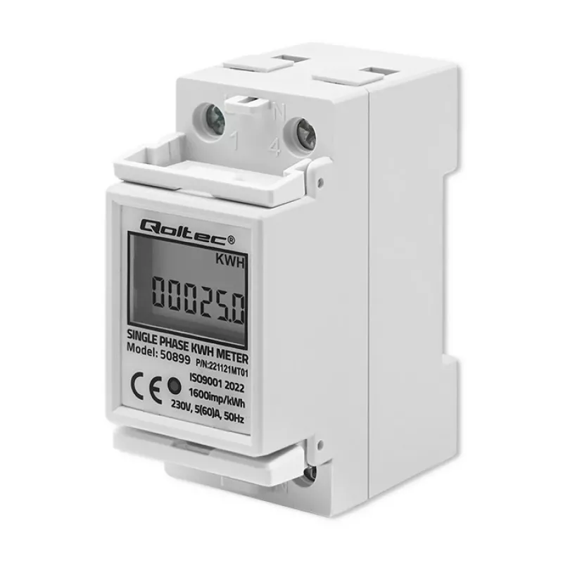 Eenfasige energieverbruiksmeter QOLTEC 50899 230 V 50 Hz, 5(60)A, klasse 1.0, LCD
