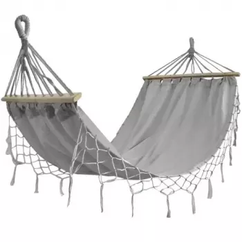 Black Forest hangmat, grijs met franjes, enkel 200x100cm met frame