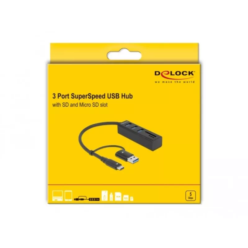 3-poorts USB 3.2 Gen 1-hub + SD- en microSD-kaartlezer met USB Type-C- of USB Type-A-aansluiting, USB-hub
