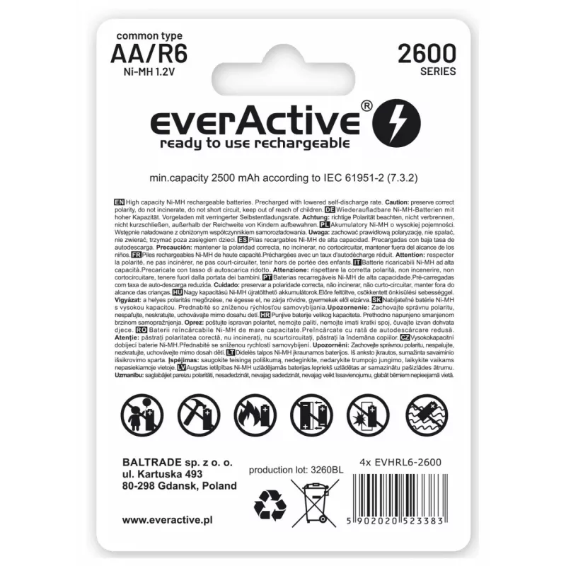 Oplaadbare batterijen R6 AA 2600mAh EverActive Professional verpakkingsinhoud 1x blister