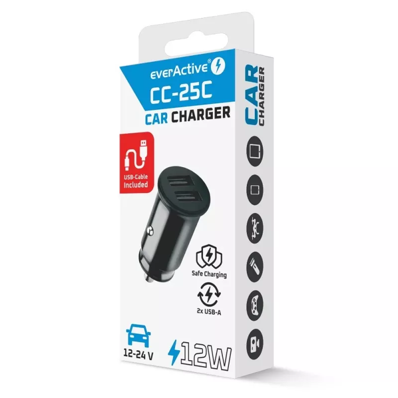 everActive CC-25C autolader, 2x USB 12 W, met USB-C-kabel