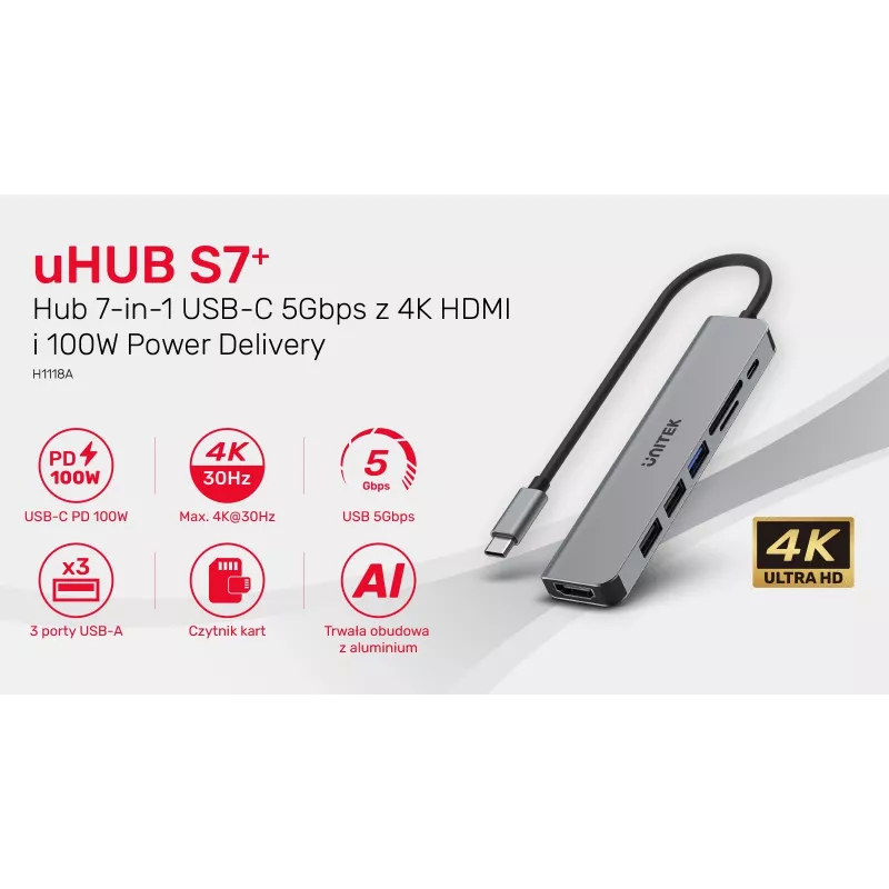 USB-C hub Unitek 7in1 aluminium PD 100W 5 Gbps — multiport-adapter met Power Delivery