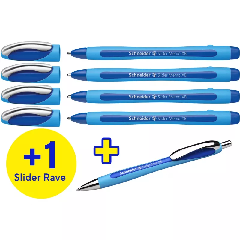 Schneider Slider Memo XB balpennen, blauw, 4 stuks + gratis Slider Rave