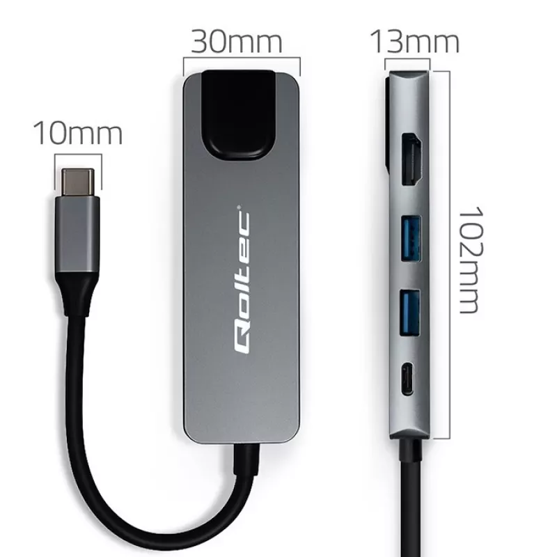 USB-C-hub QOLTEC 53795 5-in-1 met 100W PD, 2×USB-A, HDMI 4K, RJ45