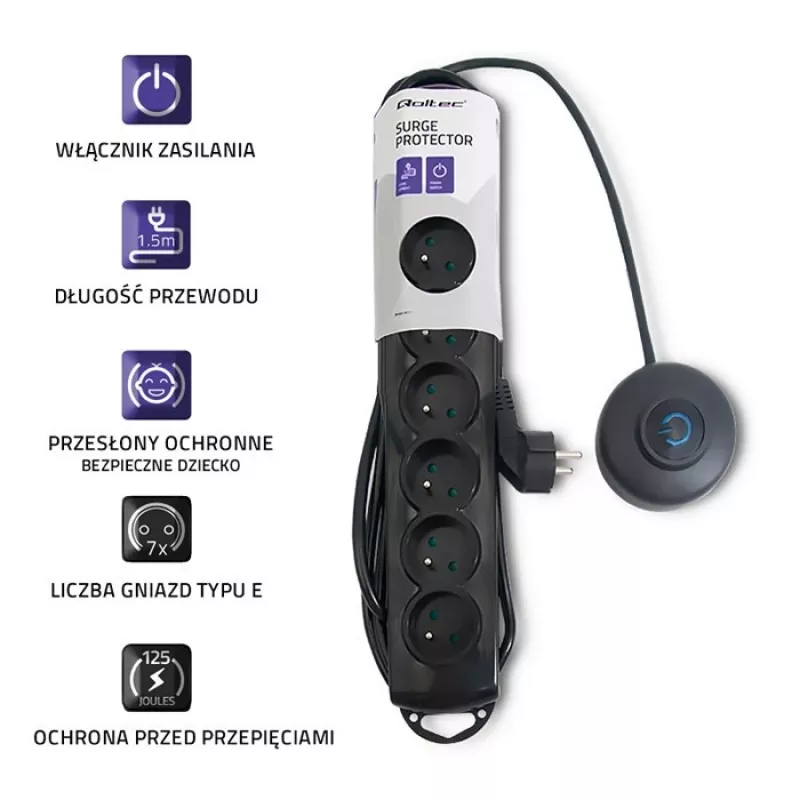 Overspanningsbeveiliging Qoltec 50171 zwart 7 AC-stopcontacten 230V 1,5m