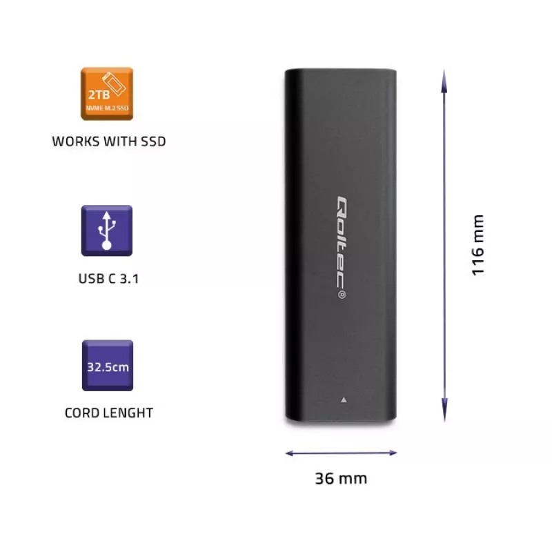 Qoltec 50312 M.2 NVMe SSD-behuizing, USB Type-C, zwart