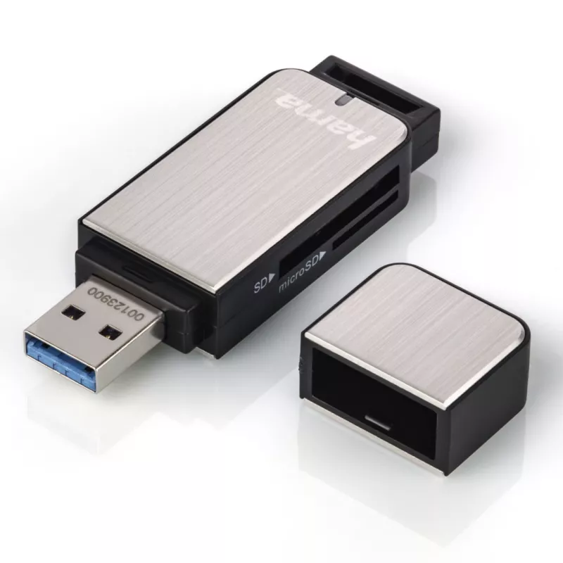 Hama 123900 USB 3.0-kaartlezer SD/microSD, aluminium, zwart/zilver