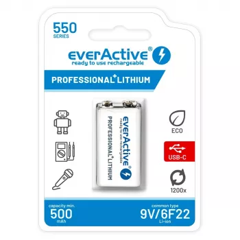 Oplaadbare batterij everActive 6F22/9V Li-ion 550 mAh met USB TYPE C