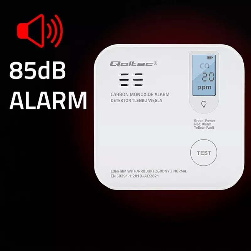 Koolmonoxide-sensor QOLTEC 52577 — batterijgevoed alarm, 85 dB geluidsniveau