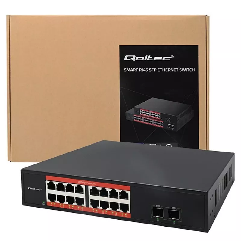 Netwerkswitch QOLTEC 52364 — Gigabit Ethernet PoE 16xRJ45, 2xSFP