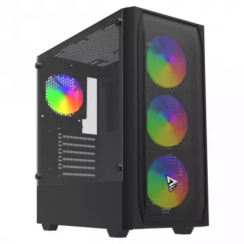 PC-behuizing SAVIO Noctis Flow RGB — Cube, ATX/Mini-ITX, 3x 120 mm frontventilatoren, zijvenster van gehard glas, max. GPU 35 cm