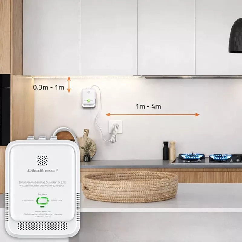 Gasleksensor QOLTEC 52652 — propaan/butaan (LPG) detector, 85 dB alarm, LED-indicatie
