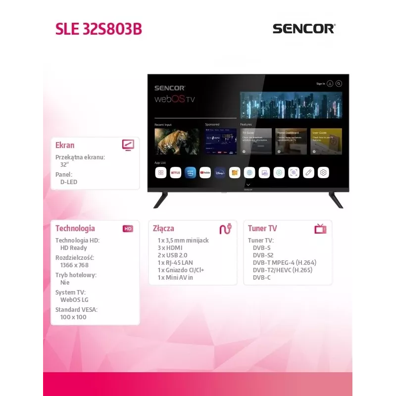 LED SMART TV SENCOR SLE 32S803B 32 inch webOS HD 1366×768, HDR10, Wi-Fi, Bluetooth, DVB-T/T2/C/S/S2, 3×HDMI, 2×USB
