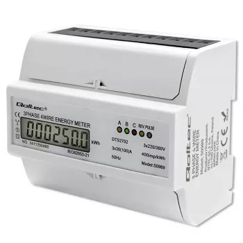 Qoltec driefasige bidirectionele elektronische meter | DIN-rail energieverbruiksmeter | 400V | 100A | LCD | 4P