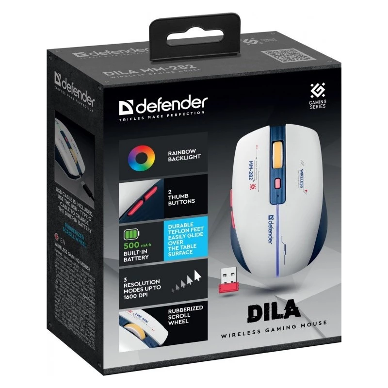 Draadloze gaming-muis DEFENDER MM-282 RF — dubbelhandig, optisch 1800 DPI, 5 knoppen, USB, op batterijen