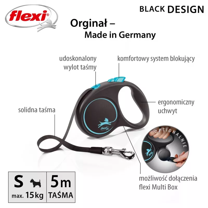 Flexi Automatic riem zwart Design S 5 m, blauw