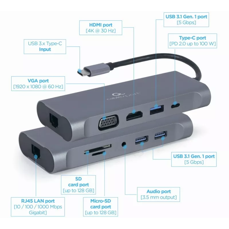 Gembird A-CM-COMBO7-01 notebook-dock/poortreplicator USB 3.2 Gen 1 (3.1 Gen 1) Type-A grijs