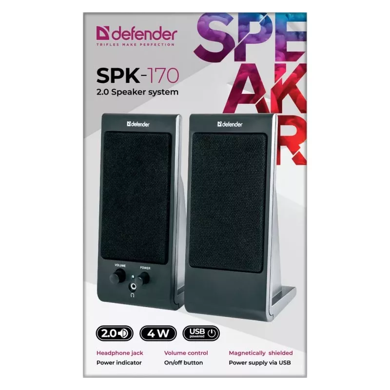 Desktop-/plankluidspreker DEFENDER SPK-170 2.0, 4 W RMS, bekabeld USB 5 V, 3,5 mm, zwart