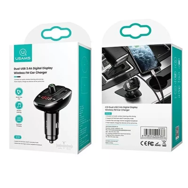 USAMS US-CC115 C21 fm-transmitter voor in de auto met dubbele USB-oplader, Bluetooth 5.0, 3,4 A, zwart