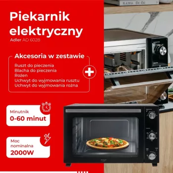 Elektrische oven Adler AD 6028 — 60 l, 2000 W, vrijstaand, draaiknoppen, rotisserie, max. 230 °C, zwart