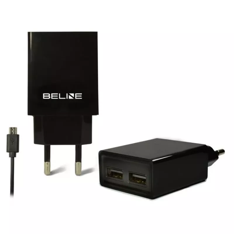 Reisoplader Beline Beli0011 — 2×USB-aansluitingen, microUSB-kabel, 2A uitgang, zwart