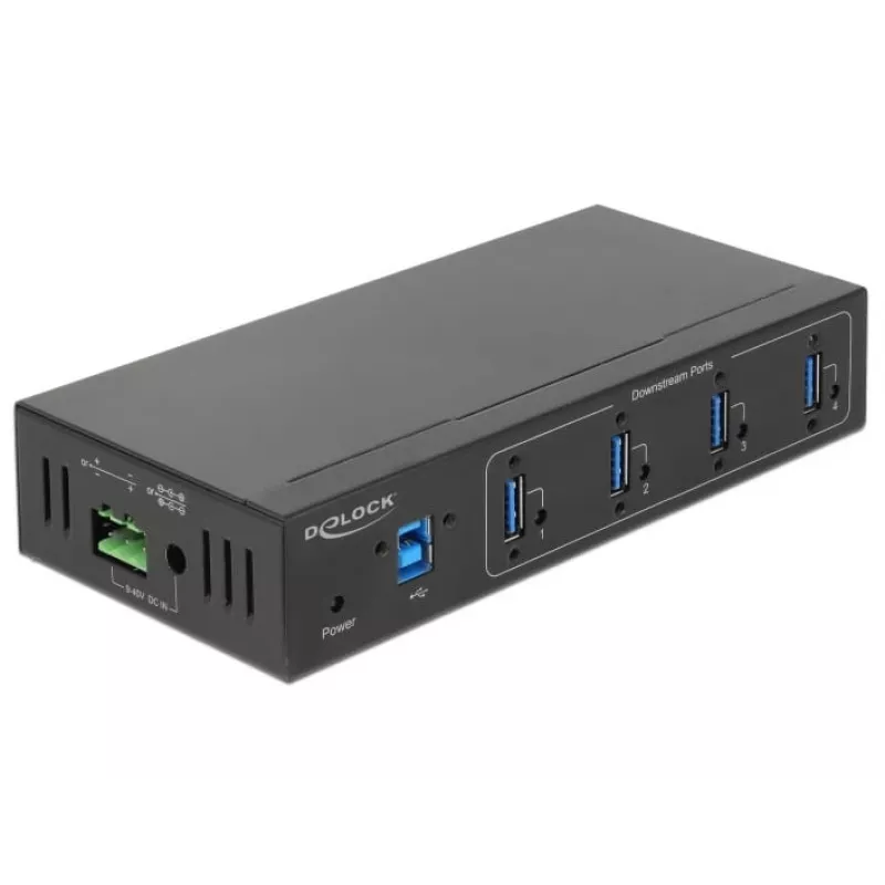 Delock 63309 externe industriële USB-hub, 4 x USB 3.0 Type-A, 15 kV ESD-bescherming, metalen behuizing, wandmontage mogelijk